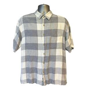 Van Heusen Gray and White Checked Linen Short Sleeve Button Down Size L